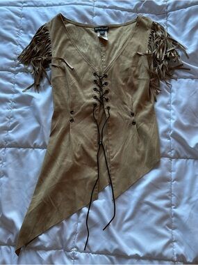 bebe Tan Fringe Lace-Up Asymmetric Corset Top